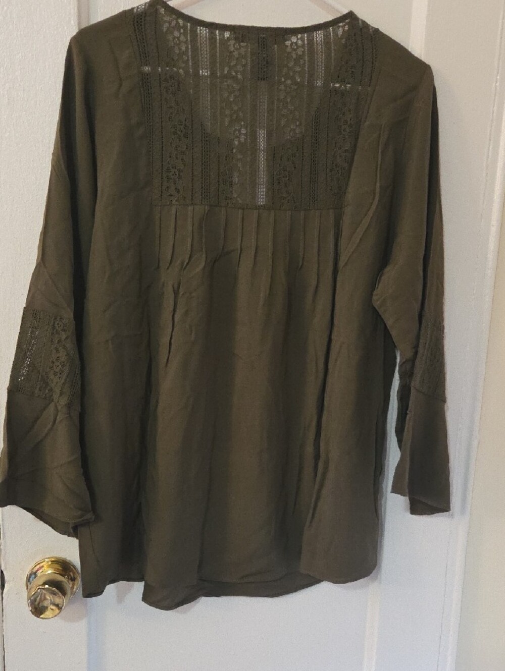 Olive Green Lace-Inset Cottagecore Peasant V-Neck Women's Top Large NWT - Picture 8 of 12